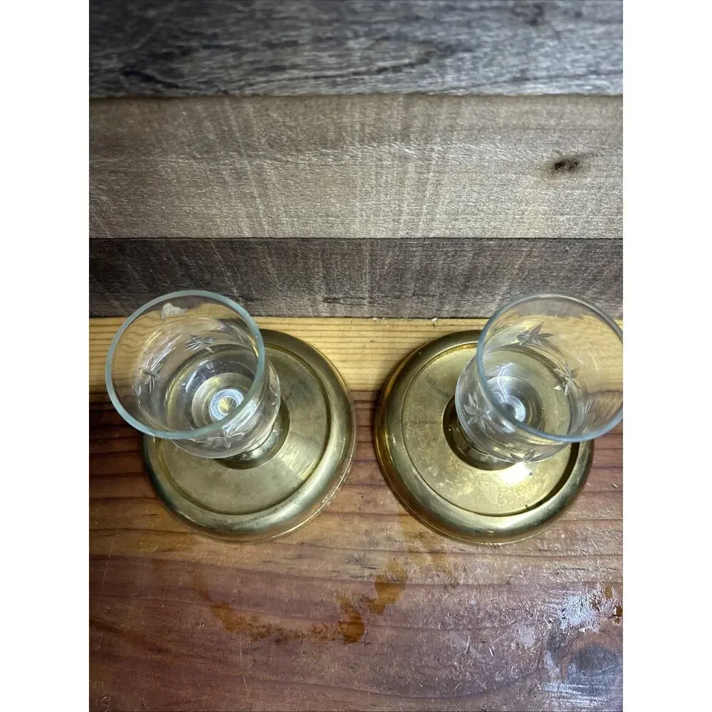 Vintage Brass Candle Holders Glass Starburst Votive Holders Set Of 2